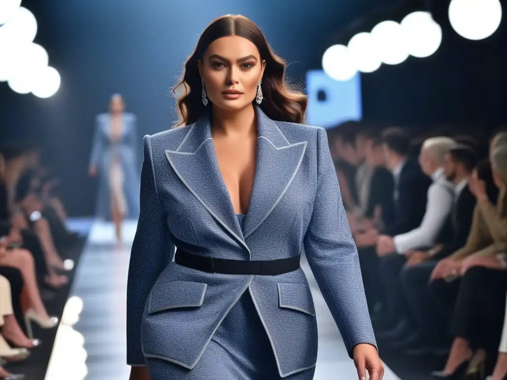 Desfile de moda de lujo para mujeres altas: elegancia y confianza Una mujer alta y elegante desfila con confianza en una pasarela, vistiendo moda lujo tallas altas exclusivas