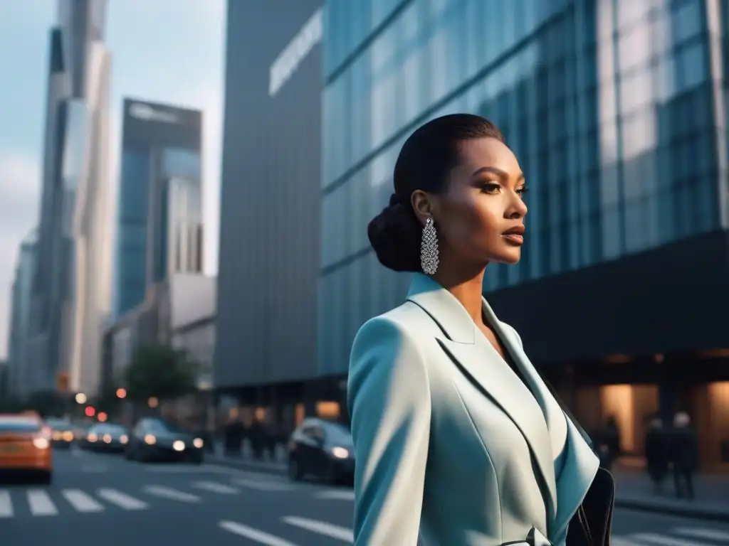 Empoderamiento en la moda: mujer alta camina con estilo en la ciudad Una mujer alta y elegante camina con confianza en una ciudad moderna