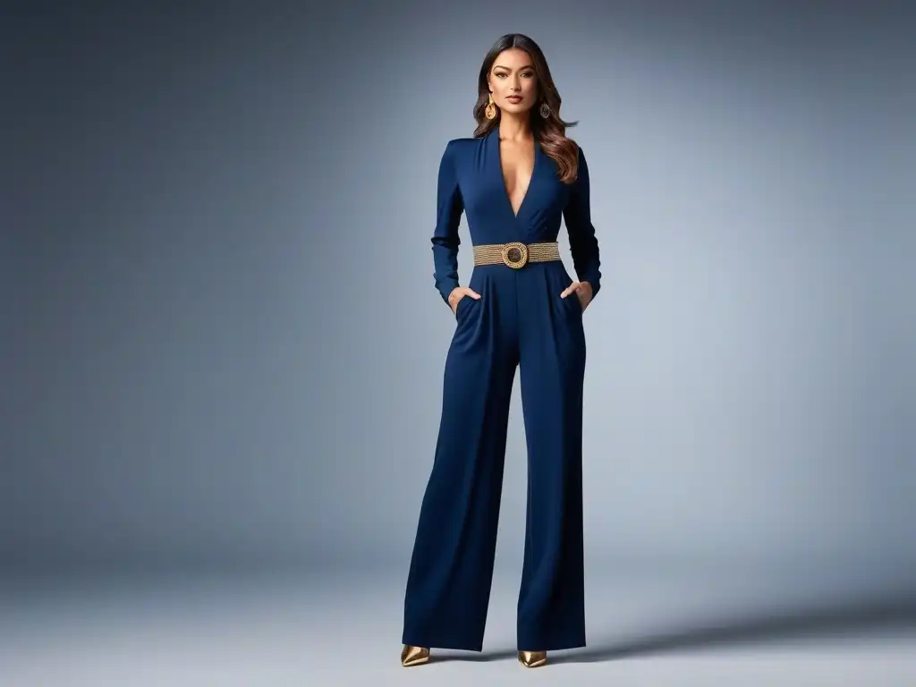 Mujer elegante en jumpsuit azul marino, deslumbrante y segura Una mujer alta y elegante camina con confianza en un mono azul marino ajustado, irradiando sofisticación en un entorno urbano minimalista