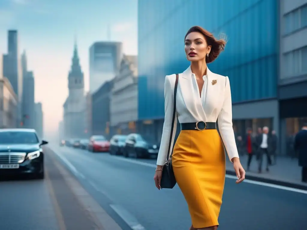 Moda elegante: mujer alta y segura en la ciudad Una mujer alta y elegante camina con confianza por la ciudad, luciendo impecable