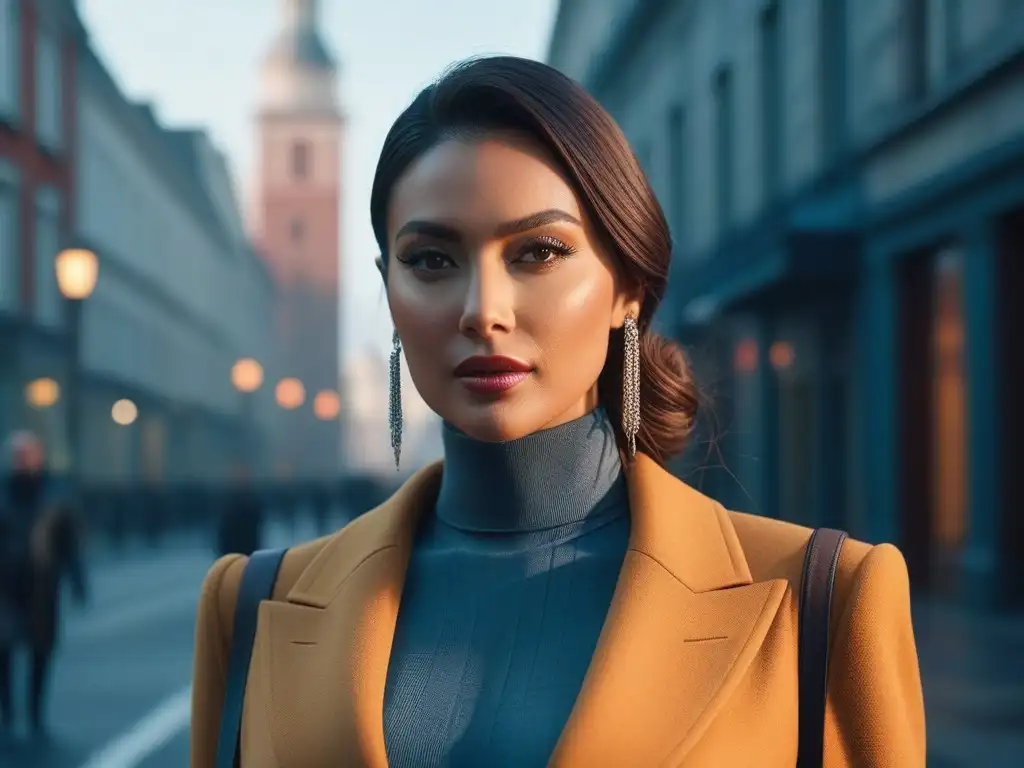 Mujer alta y elegante deslumbra en la ciudad con estilo y confianza Una mujer alta y elegante, deslumbrante en la ciudad con un look de celebridad