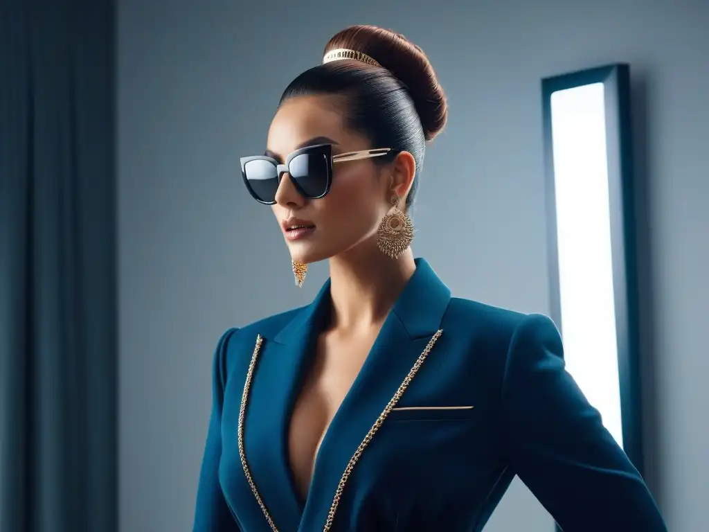 Elegante mujer frente al espejo con estilo moderno Una mujer alta y elegante se destaca frente al espejo, luciendo accesorios ideales para estatura alta en un ambiente sofisticado y minimalista