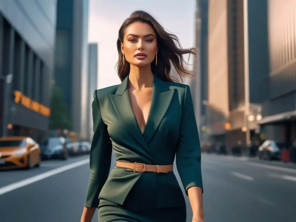 Estilo imponente: mujer alta deslumbrante entre rascacielos al atardecer Una mujer alta y elegante deslumbrando con su estilo en las alturas de la ciudad al atardecer