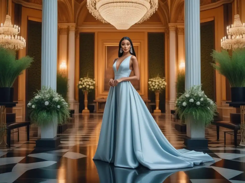 Elegante mujer alta en evento chic Una mujer alta y elegante en un evento, vistiendo un atuendo de invitada de boda moderno y chic