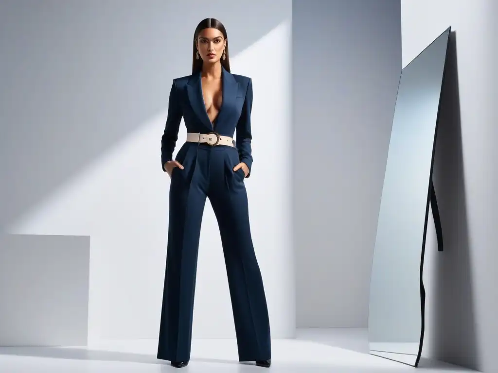 Estilo y confianza: look chic para personas altas Mujer alta y elegante frente al espejo con un outfit equilibrado, mostrando estilo y confianza