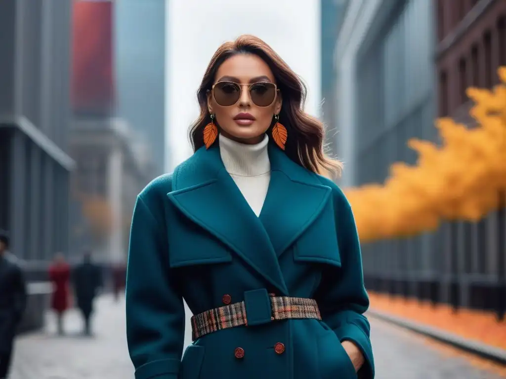 Elegante mujer alta desfilando con estilo por la ciudad en otoño Una mujer alta, elegante y moderna caminando con confianza por una calle de la ciudad en otoño, luciendo un abrigo chic y accesorios a la moda