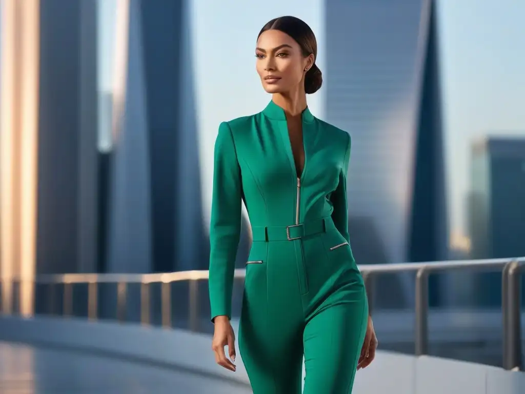Jumpsuit elegante para mujeres altas: seguridad y estilo Una mujer alta y elegante con un mono perfectamente ajustado, caminando con confianza en una ciudad moderna