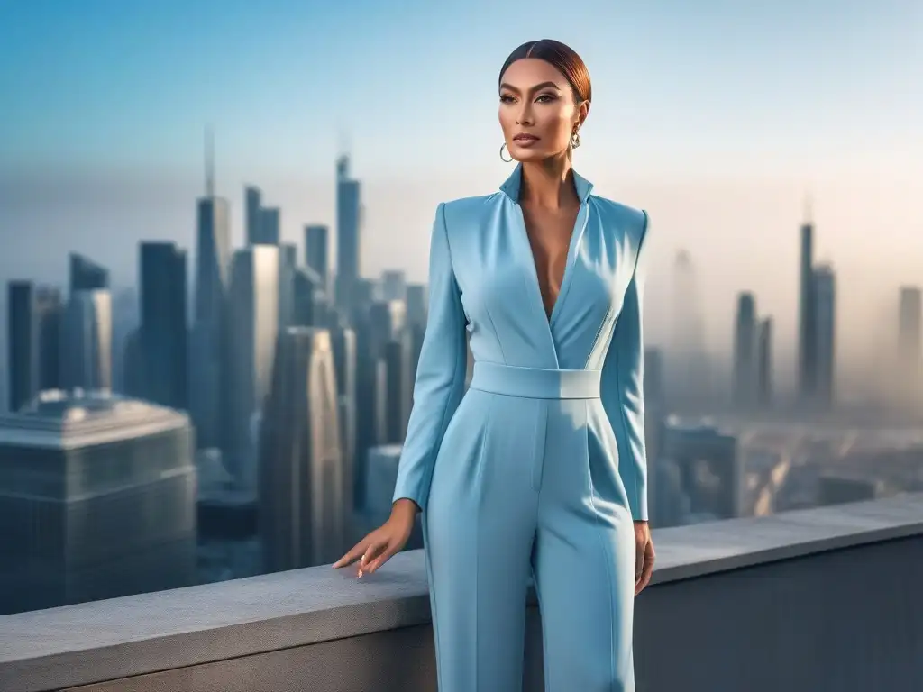 Elegante mujer en jumpsuit moderno, ciudad sofisticada Una mujer alta y elegante con un mono ajustado en tono neutro, destacando su altura y silueta, frente a un paisaje urbano chic