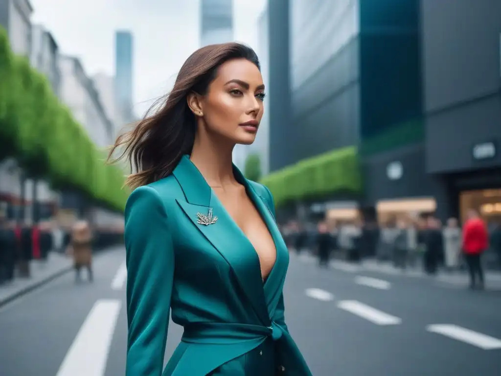 Moda sostenible: elegancia eco en la ciudad Una mujer alta y elegante con un outfit sostenible y moderno camina con confianza por la ciudad