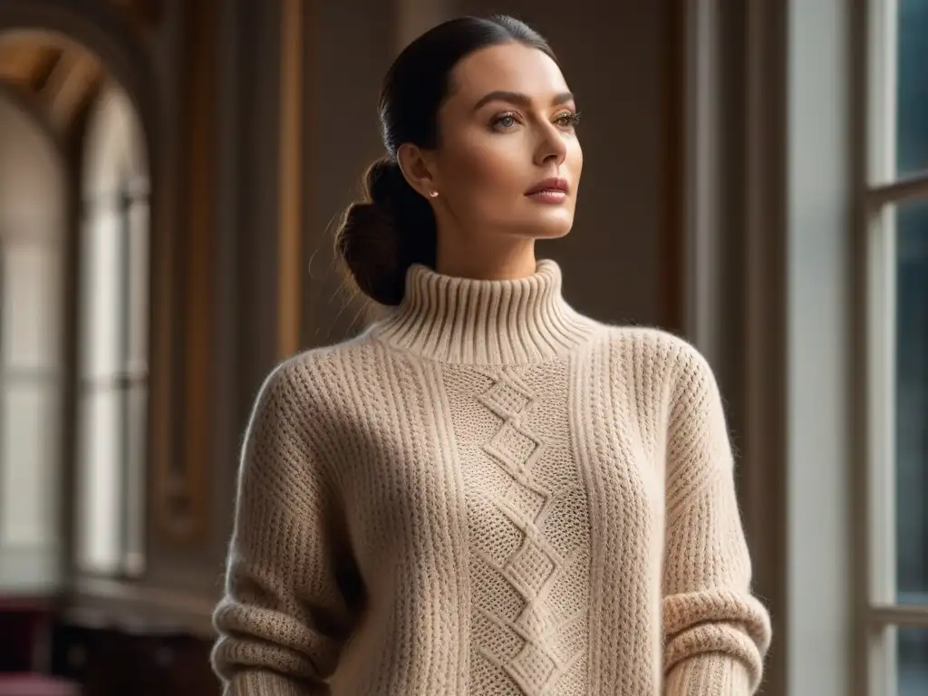 Sofisticación en Cashmere: Elegancia para mujeres altas Una mujer alta y elegante con suéter de punto en tono neutro, reflejando sofisticación y estilo