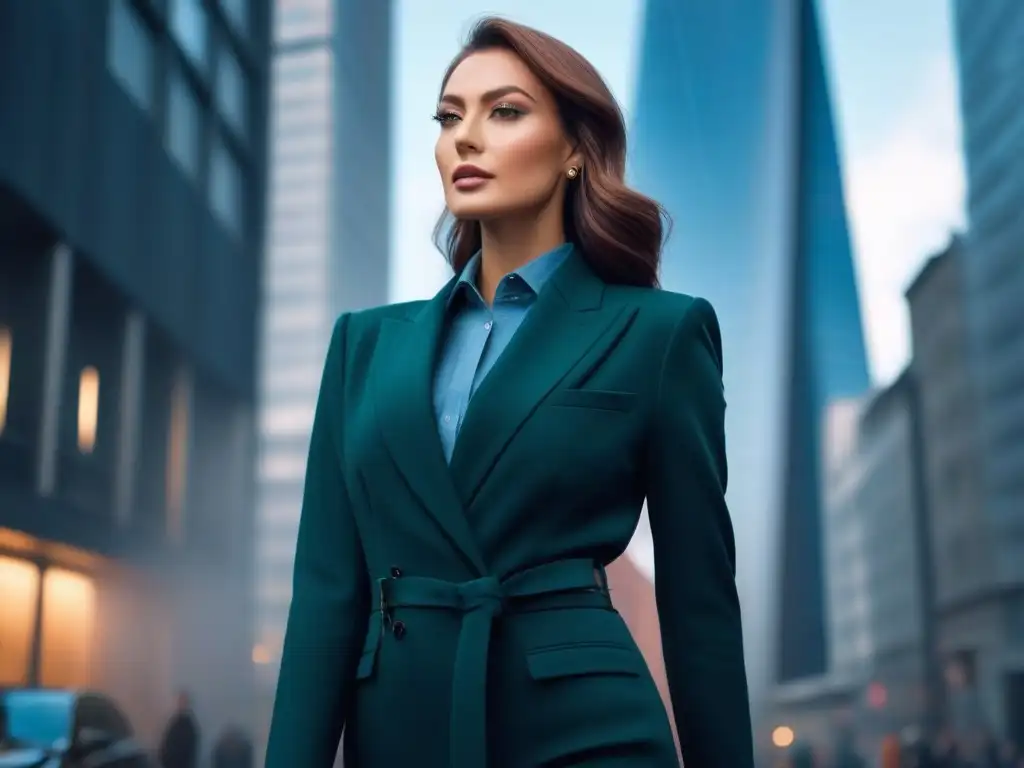 Imagen impactante: mujer elegante y segura en la ciudad Una mujer alta y elegante, segura de sí misma en la ciudad, con un atuendo chic que resalta su estatura