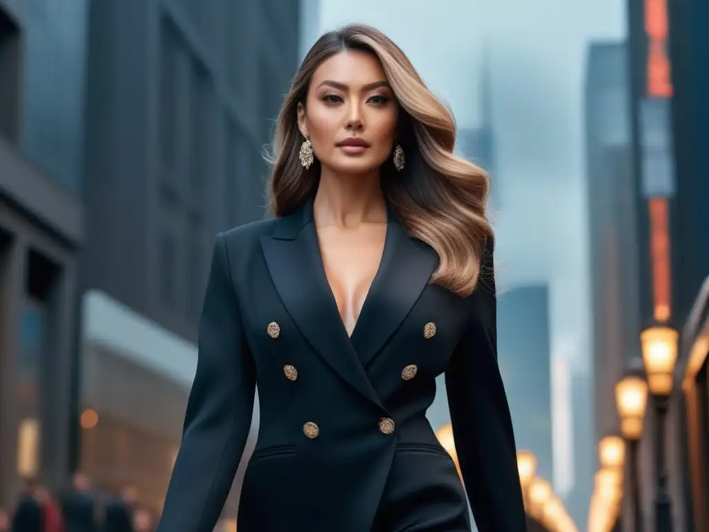 Estilo y elegancia: mujer alta en traje negro recorre la ciudad Una mujer alta y elegante, vistiendo un traje negro sofisticado, camina con confianza por una calle urbana llena de rascacielos