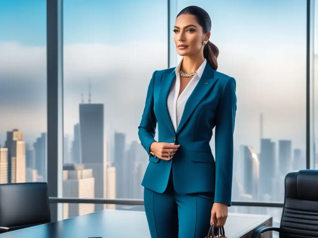 Mujer elegante en traje de oficina, segura de sí misma en entorno moderno Una mujer alta y elegante en traje sastre, con accesorios modernos, en una oficina con vista a la ciudad