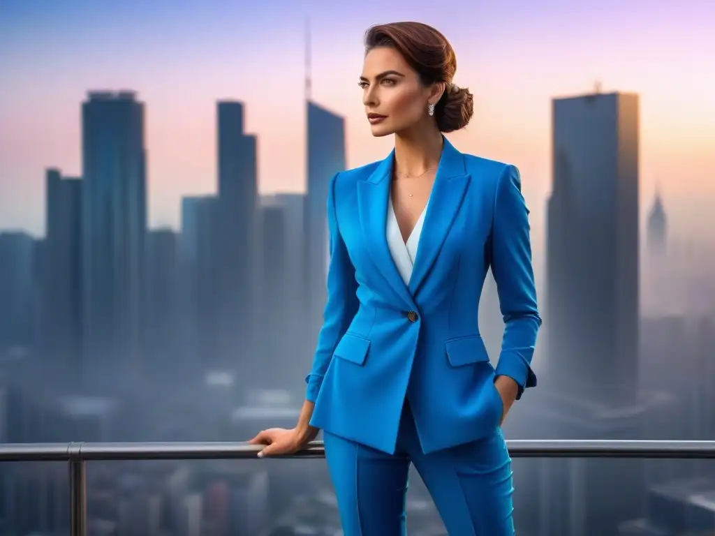 Estilo profesional para mujeres altas: confianza en la ciudad Una mujer alta y elegante en un traje ajustado, segura en la ciudad al atardecer
