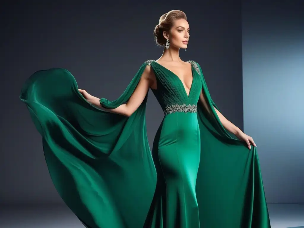 Esplendor verde esmeralda: un look de altura para la mujer moderna Una mujer alta y elegante en un vestido verde esmeralda, destacando en un escenario minimalista