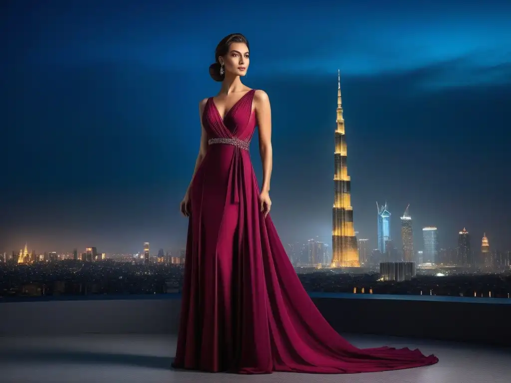 Vestido de noche en ciudad moderna al atardecer Una mujer alta y elegante con un vestido largo en tono joya, de pie frente a la ciudad al atardecer