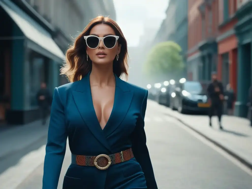 Elegante mujer alta en la ciudad, fashion-forward y segura de sí misma Una mujer alta y a la moda camina con confianza por una calle urbana, luciendo accesorios chic que realzan su altura
