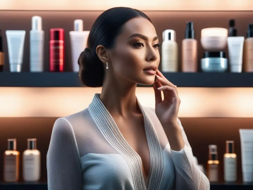 Secretos de belleza para mujeres altas: elegancia y sofisticación Mujer alta aplicando productos de belleza frente al espejo, rodeada de cosméticos
