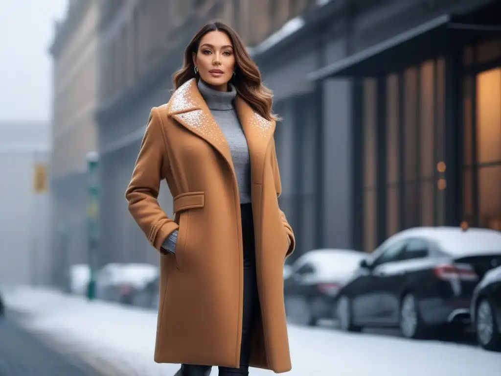 Mujer alta y elegante en abrigo camel caminando por la nieve Una mujer alta y segura, vistiendo un abrigo trendy en la nieve