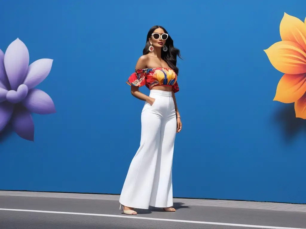 Estilo urbano chic: mujer alta y segura con outfit vibrante Una mujer alta y segura viste un atuendo chic de verano, caminando en una calle urbana llena de color y estilo