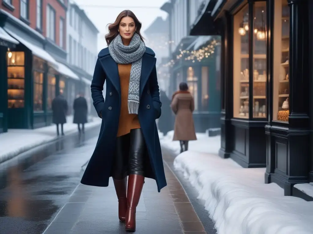 Moda invernal: mujer elegante pasea por la ciudad nevada Una mujer alta y segura pasea por una calle nevada, luciendo un elegante atuendo invernal