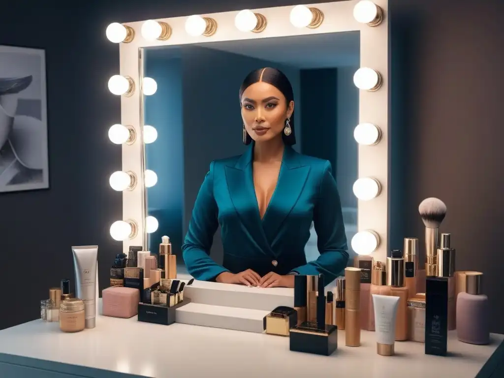 Empoderamiento alto: mujer segura en ritual de belleza Una mujer alta y segura frente al espejo, rodeada de productos de belleza en una elegante vanidad