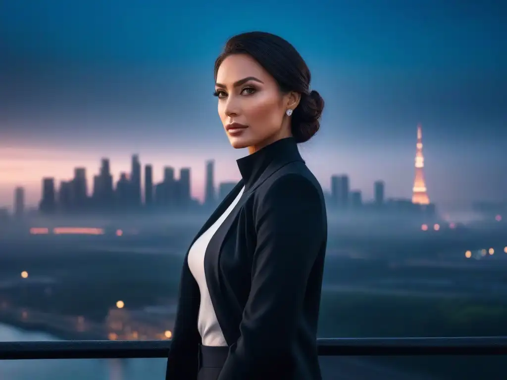 Altura y estilo en la ciudad: mujer segura al atardecer Una mujer alta y segura de sí misma frente a la ciudad al atardecer, representando trucos de moda para alturas altas