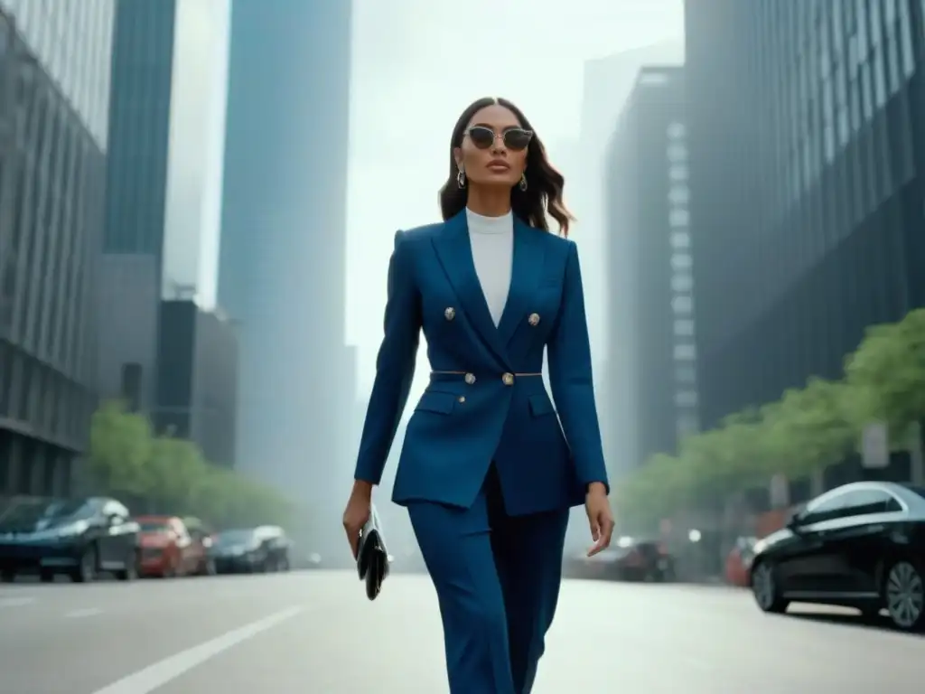 Empoderamiento: mujer alta y elegante camina con confianza en la ciudad Una mujer alta y segura en traje camina por la ciudad, simbolizando moda tall y autoaceptación