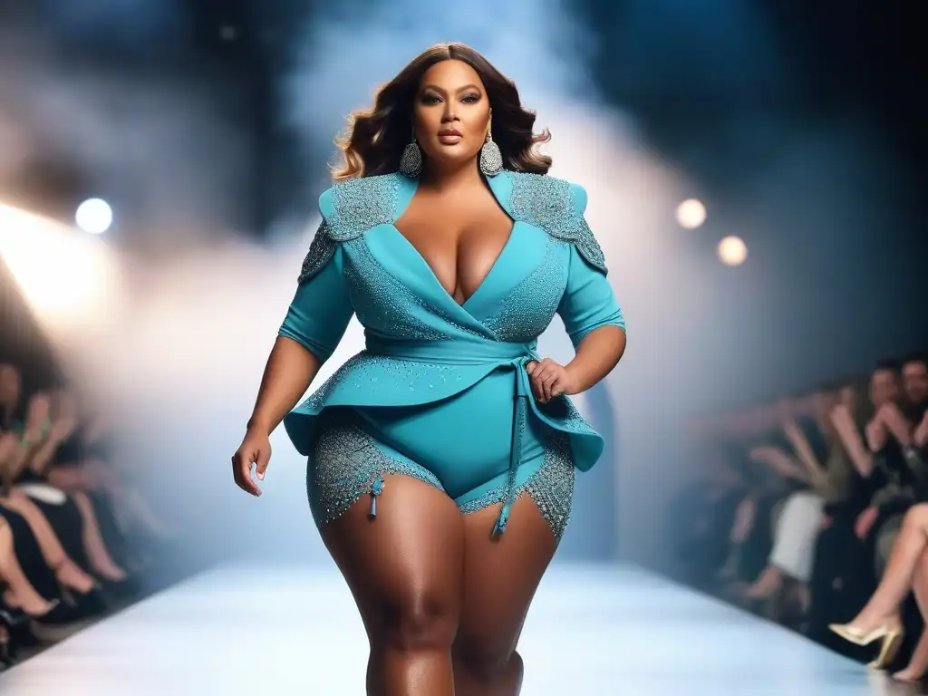 Desfile de moda plussize rompiendo normas Una mujer plus size desfilando con un atuendo vanguardista en una pasarela, reflejando moda inclusiva y empoderamiento