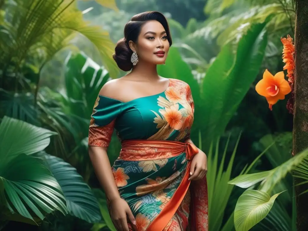 Belleza plussize en jardín tropical balinés Una mujer balinesa de talla grande, radiante en su kebaya y sarong, posa con gracia en un jardín tropical exuberante