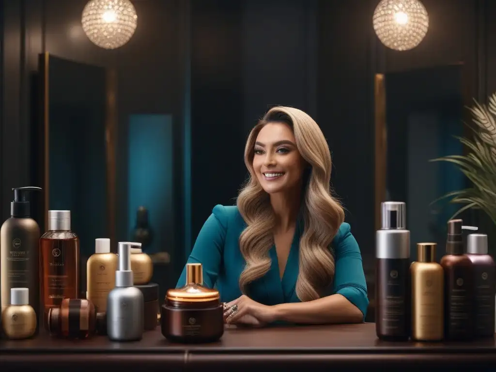 Salón de belleza en casa: mujer con cabello radiante y lujoso Una mujer con cabello lujoso en un salón hogareño elegante, rodeada de productos capilares de alta gama