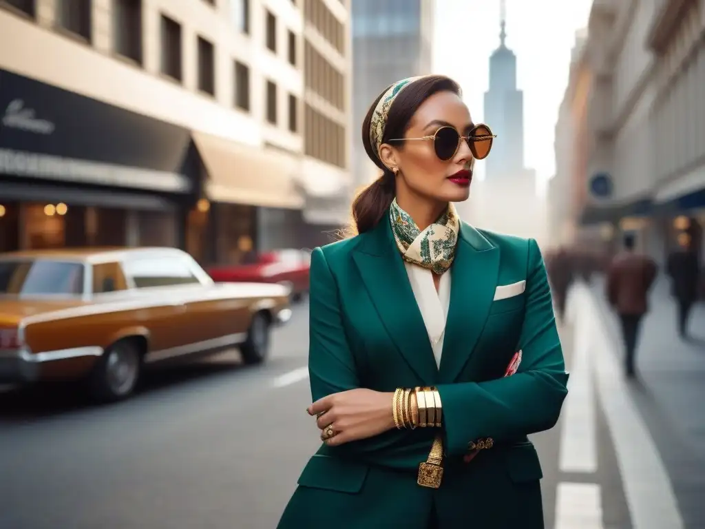 Chica chic en ciudad vibrante: fusión de estilos vintage y contemporáneo Mujer chic con accesorios vintage paseando en la ciudad