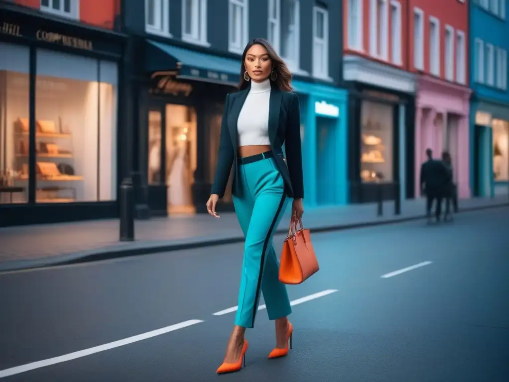 Moda urbana 2023: Mujer chic y segura en la ciudad Una mujer chic y segura camina por la ciudad, luciendo las últimas tendencias moda 2023 petite