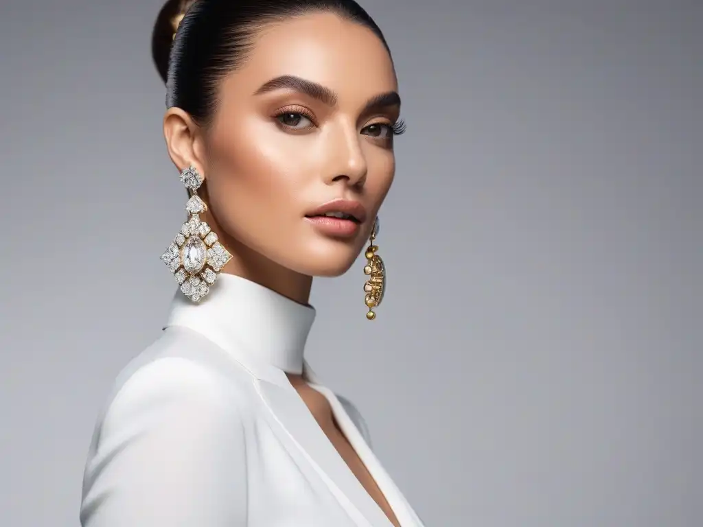 Estilo y lujo: mujer sofisticada con accesorios de alta gama Una mujer chic luce una combinación de accesorios de alta gama y joyería, emitiendo sofisticación y glamour en un entorno moderno y minimalista