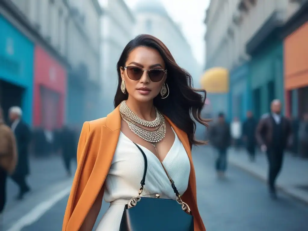 Moda urbana 2023: Mujer elegante paseando con estilo en la ciudad Una mujer chic en las últimas tendencias moda 2023 petite camina con confianza por la ciudad