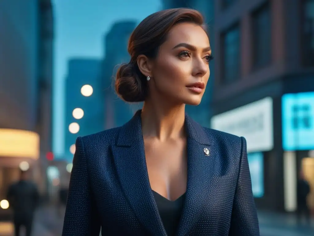 Empoderamiento en la ciudad: mujer petite con blazer adaptable deslumbrante Una mujer petite camina confiada por la ciudad con un blazer de tejidos adaptativos que realzan su silueta petite