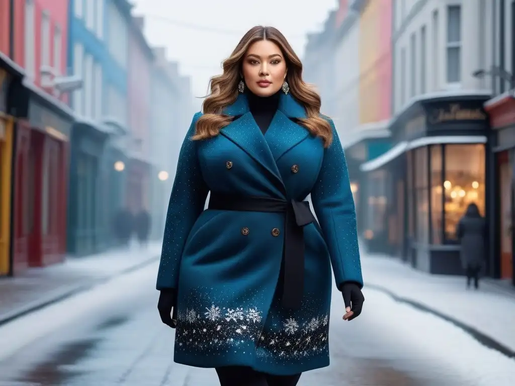 Mujer plus size segura y elegante paseando por la ciudad en invierno Una mujer plus size confiada pasea por la ciudad de invierno luciendo un elegante abrigo plus size que realza su figura