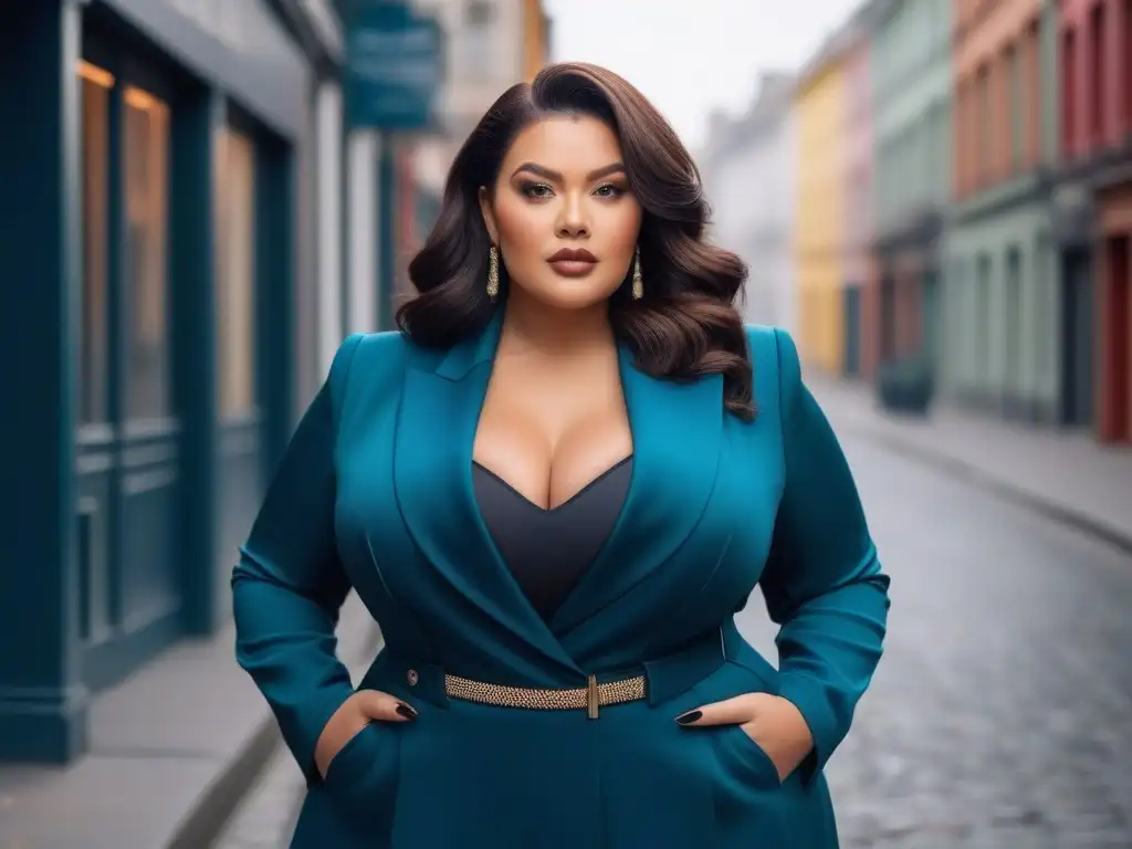 Mujer plus size empoderada con estilo urbano chic Una mujer plus size confiada y elegante en un atuendo a medida, destacando la moda personalizada y inclusiva en un entorno urbano sofisticado