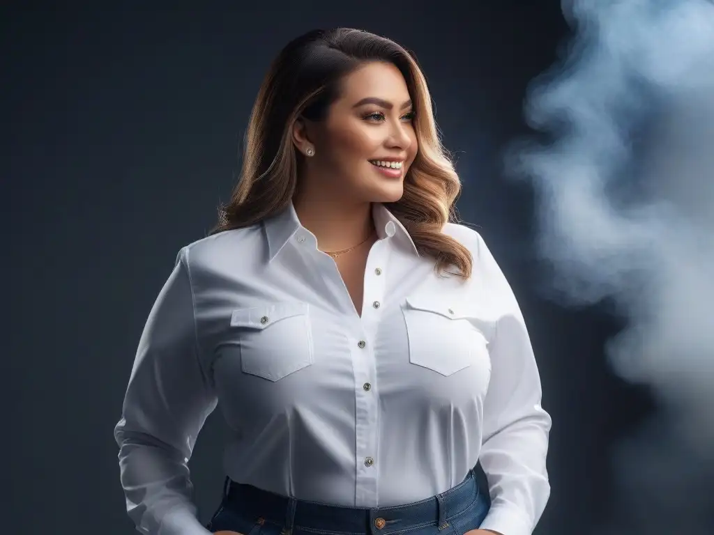 Estilo plus size: Radiante sonrisa con camisa blanca y jeans Una mujer plus size confiada y elegante en camisa blanca y jeans, mostrando un moderno armario plus size