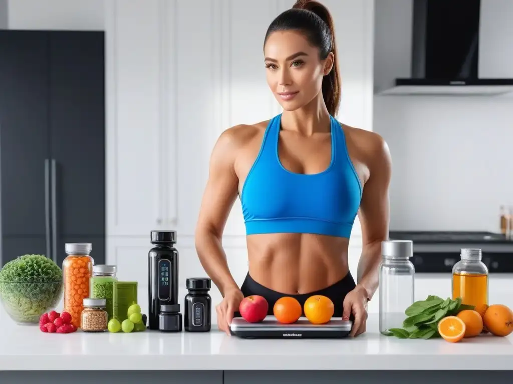 Estilo fitness: mujer satisfecha en balanza con productos adelgazantes Una mujer confiada en su peso rodeada de productos adelgazantes en una cocina moderna