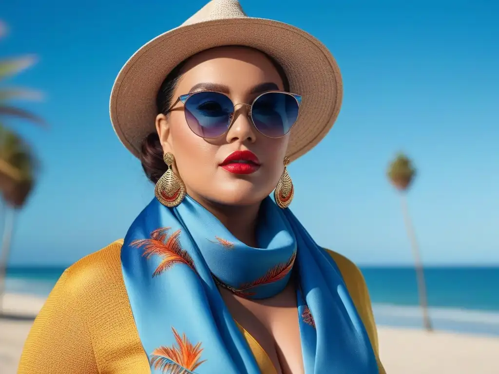 Mujer plus size segura y alegre en playa vibrante Mujer plus size confiada en la playa, verano 2022, con accesorios elegantes y gran estilo