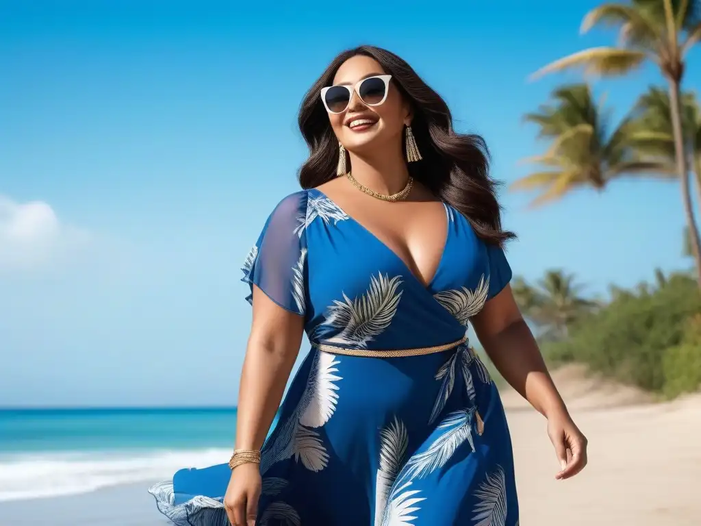 Plussize radiante: moda veraniega para sentirte segura Una mujer plus size confiada y radiante en un look veraniego y elegante