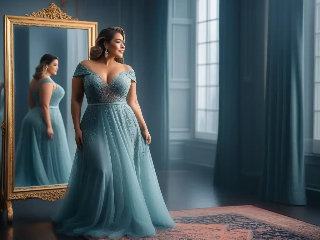 Mujer plus size radiante probándose un elegante vestido en boutique de moda Una mujer plus size confiada probándose un Vestido plus size perfecto en una boutique elegante