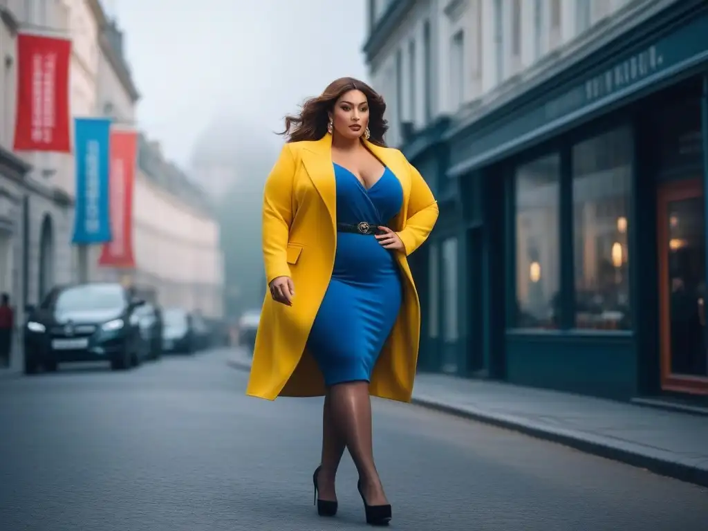 Moda inclusiva: mujer plus size deslumbrante en la ciudad Una mujer plus size camina con confianza por la ciudad luciendo zapatos para look plus size, en un entorno urbano moderno y chic