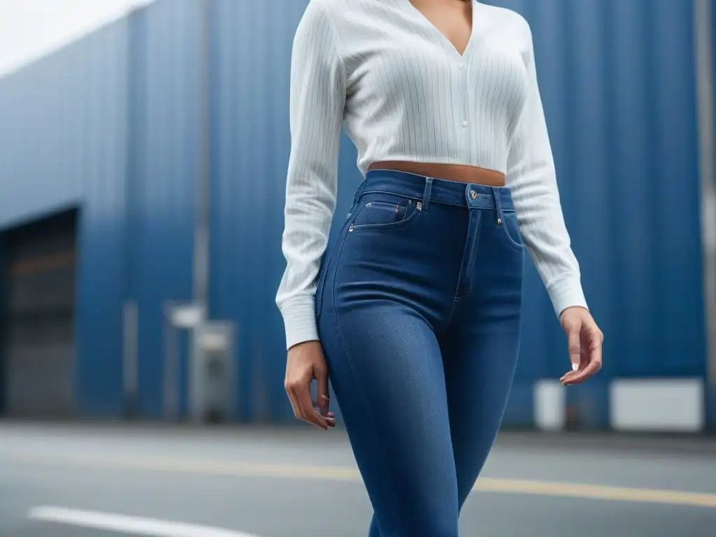Jeans de tiro alto: elegancia urbana en indigo | Mujer Una mujer petite luce con confianza los mejores jeans para figura petite en lavado índigo, resaltando cada detalle en una atmósfera urbana minimalista