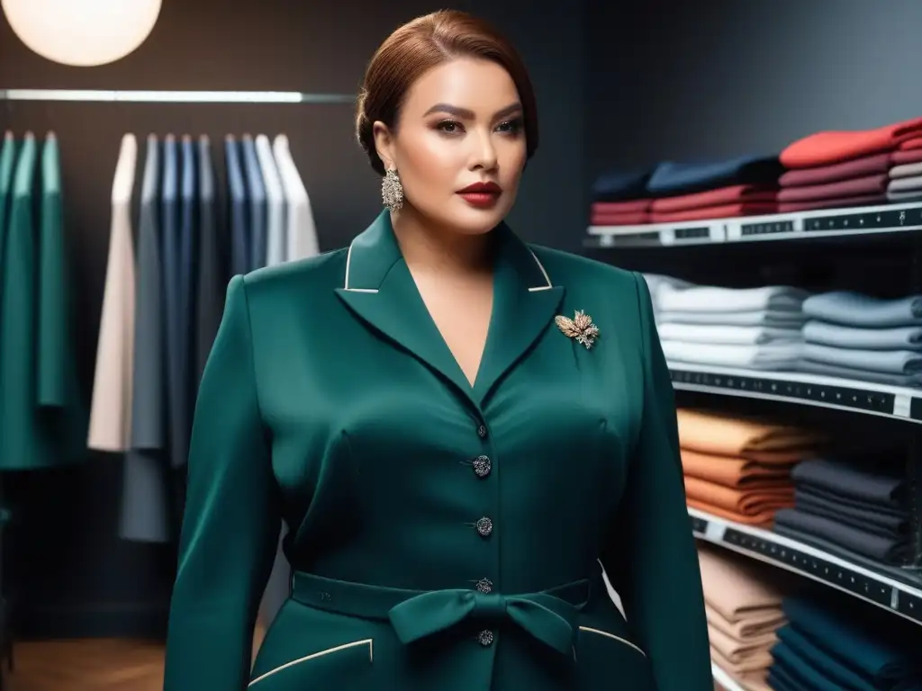 Sastre experto crea moda plussize personalizada Una mujer plus size irradiando confianza en una sastrería moderna con sastre