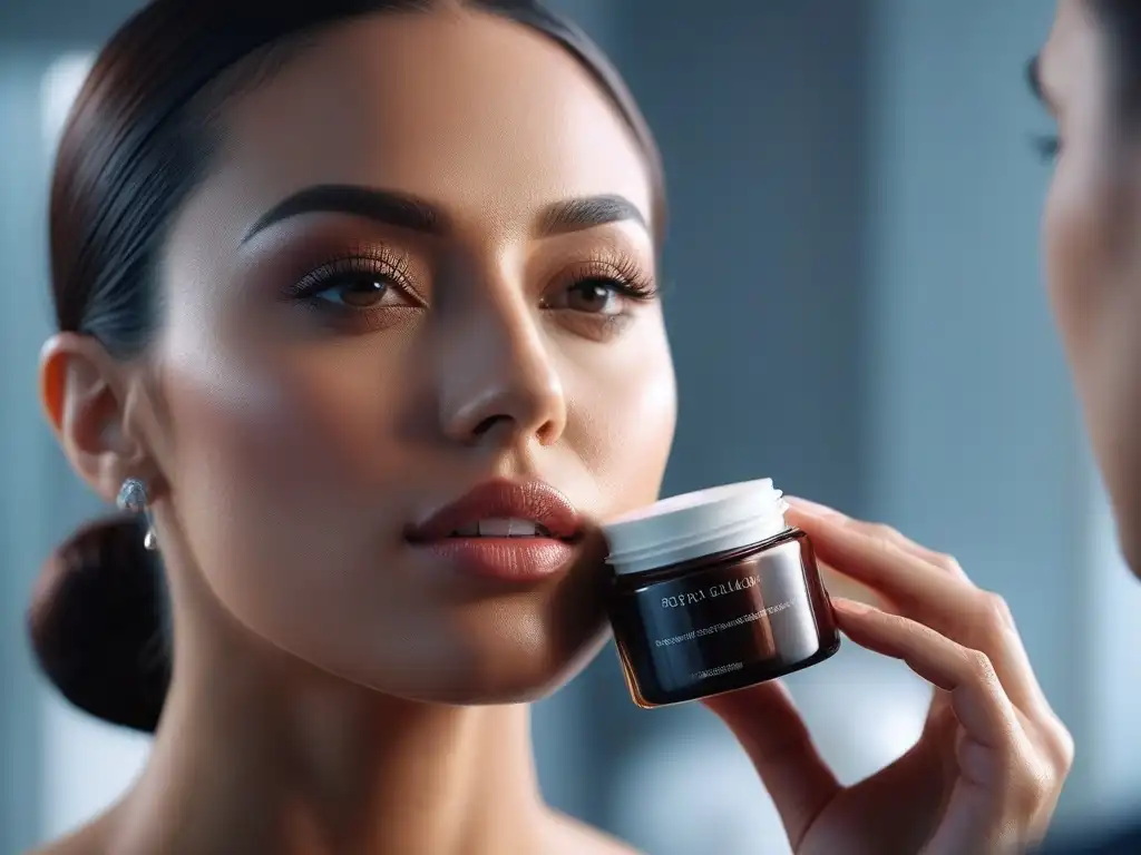 Rostro radiante: mujer aplica crema facial en un oasis de serenidad Mujer aplicando crema facial en baño lujoso