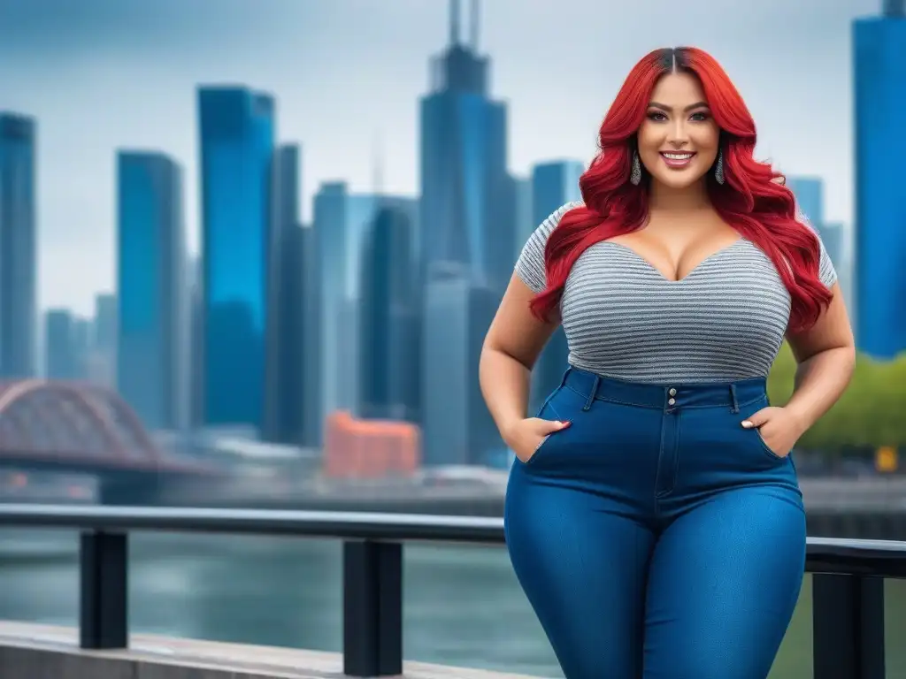 Plussize con actitud: jeans perfectos en la ciudad Una mujer con curvas luciendo los mejores jeans para figura plus, sonriendo en la ciudad
