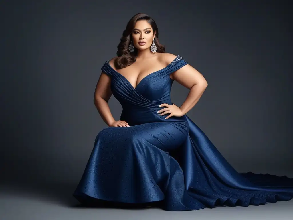 Deslumbrante mujer curvy en elegante vestido de noche plus size Una mujer curvilínea posa con confianza en un elegante vestido de noche plus size, con detalles modernos y accesorios llamativos