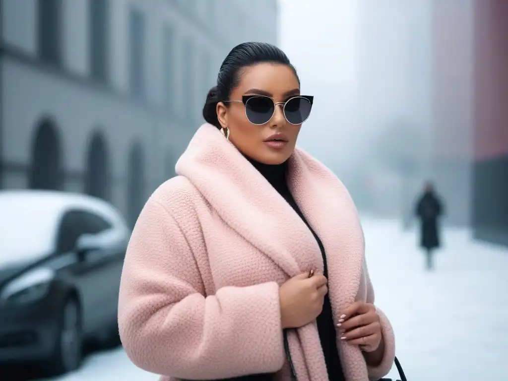 Moda urbana: mujer plus size en abrigo de oso de peluche rosa pálido Una mujer plus size elegante viste un abrigo de osito en rosa pálido, con bufanda de punto